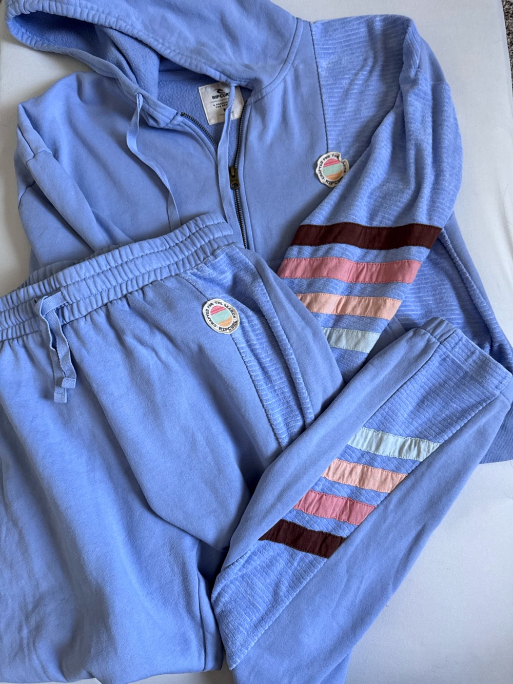 Rip Curl Light Blue Track Pants & Zip Hoodie Set with Multicolor Stripes